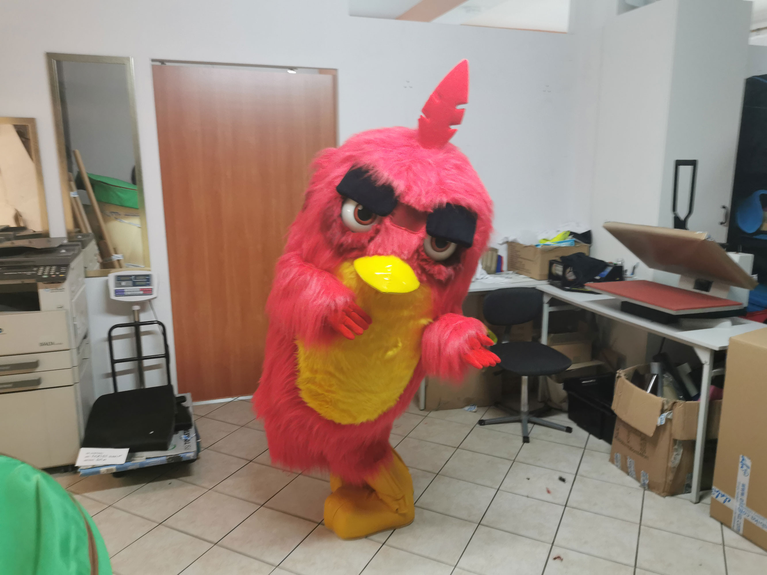Na fotografii widnieje czerwony ptak maskotka pozujący do zdjęcia w siedzibie naszej firmy